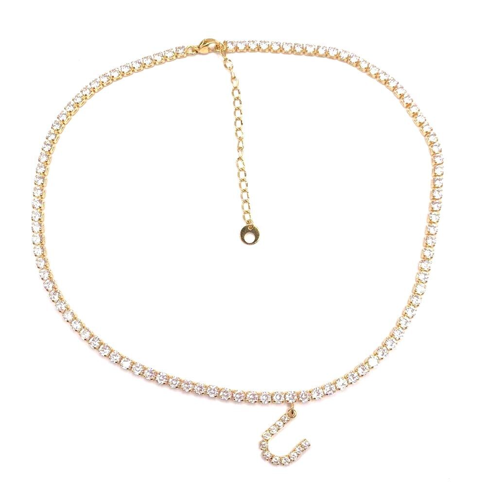 Elegant Sparkle Rhinestone Gold Cubic Zirconia Initial U Choker Necklace